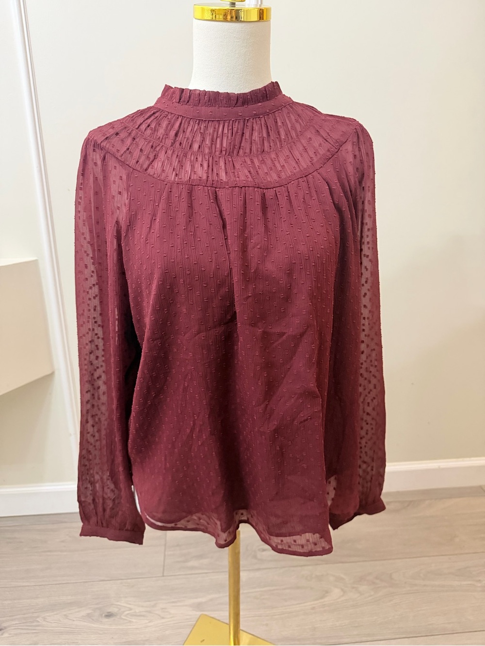 LOFT Burgundy Smocked High-Neck Blouse - Picture 3 of 11